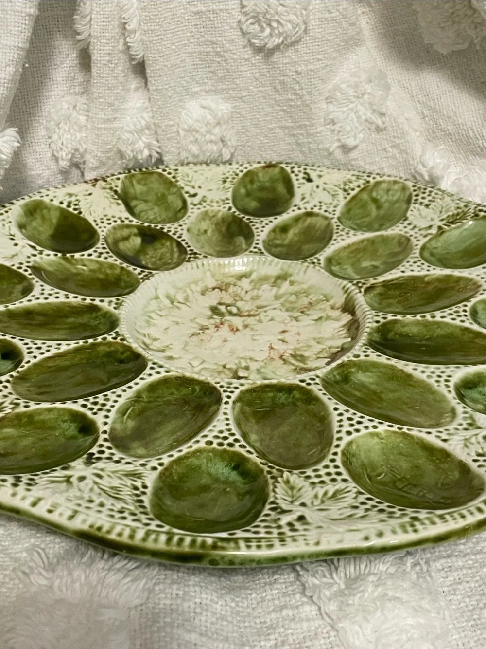Antique‎ Green Pottery / Ceramic Egg Plate 13”